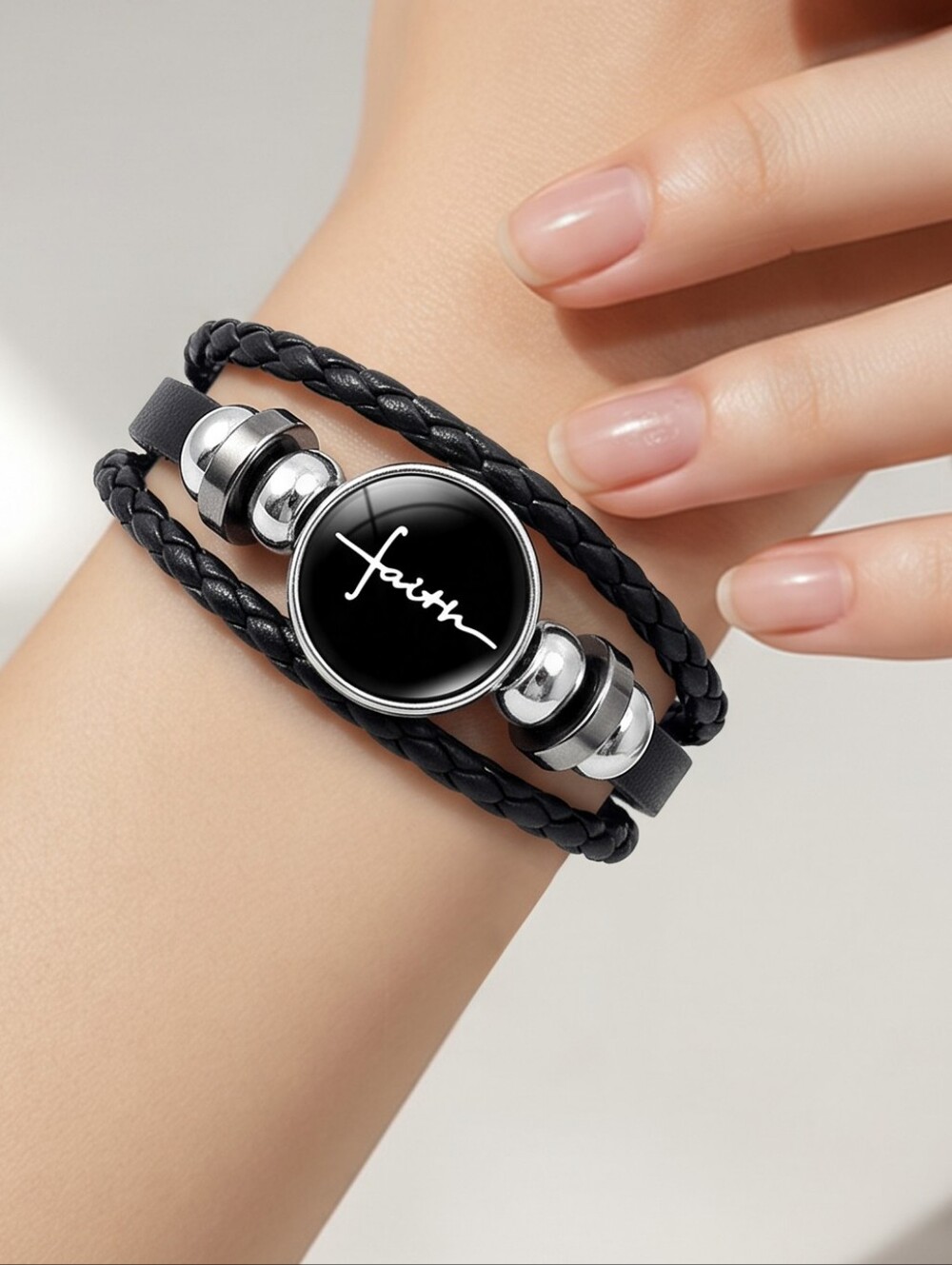 NEW Faith Round Beaded Black Braided Faux Leather Bracelet Religious Christian